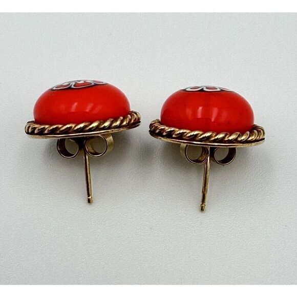 Signed XO 12k GF Orange Blue Millefiore‎ Murano Glass Cabochon Pierced Earrings - Picture 5 of 7